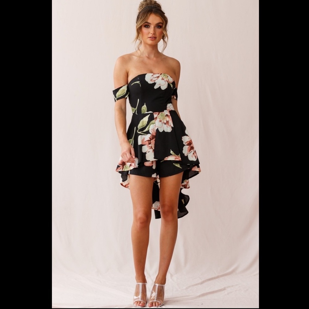 Jessa Off The Shoulder HighLow Floral Romper Black